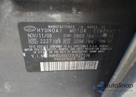 2009 Hyundai Elantra Gls z USA, uszkodzony, nr VIN KMHDU46D39U627106